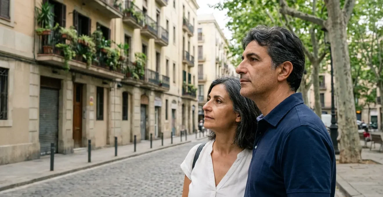 Coppia italiana che osserva pensierosa un edificio residenziale (valutazione immobiliare)