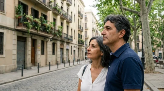 Coppia italiana che osserva pensierosa un edificio residenziale (valutazione immobiliare)